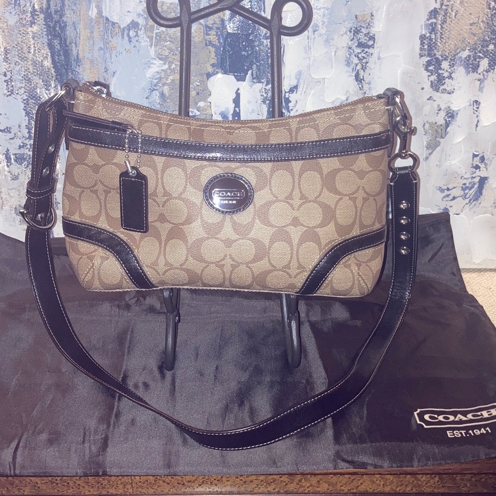 Coach Tan Signature Canvas Crossbody with Dark Brown Leather Trim